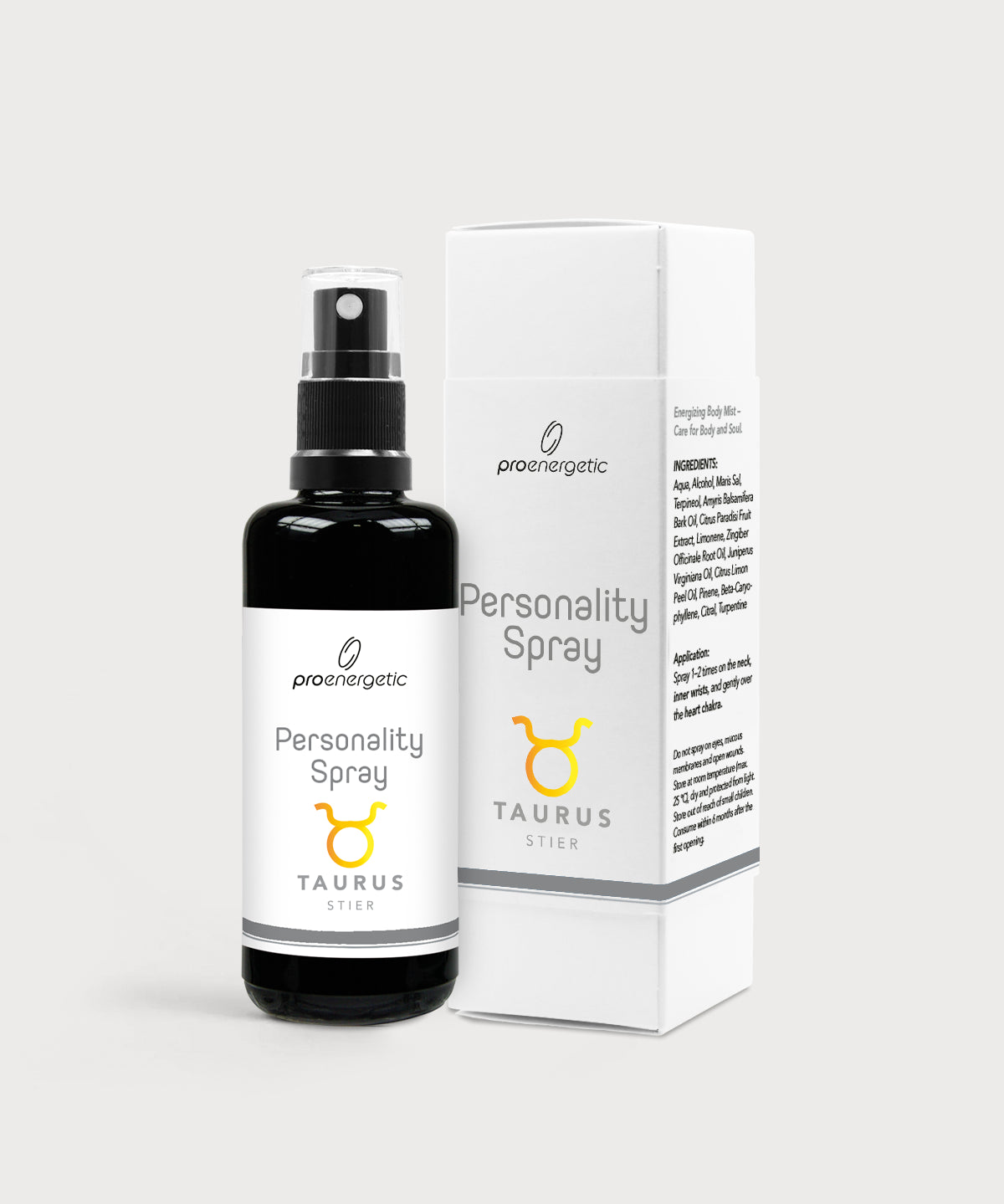 Schwarze Glasflasche Personality Spray Stier von ProEnergetic neben weißer Produktverpackung mit Sternzeichen Symbol.