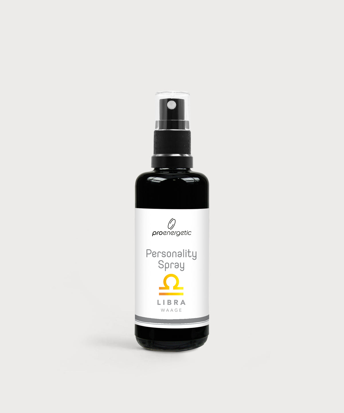 Schwarze Glasflasche Personality Spray Waage von ProEnergetic mit Pumpsprühkopf und weißem Etikett.