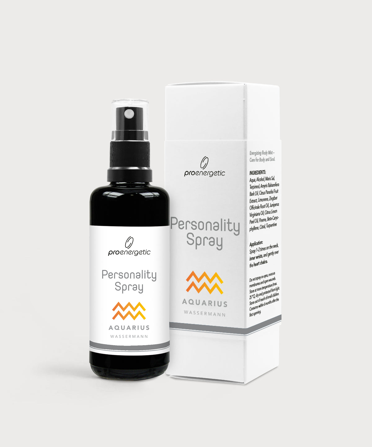 Schwarze Glasflasche Personality Spray Wassermann von ProEnergetic neben weißer Produktverpackung mit Sternzeichen Symbol.