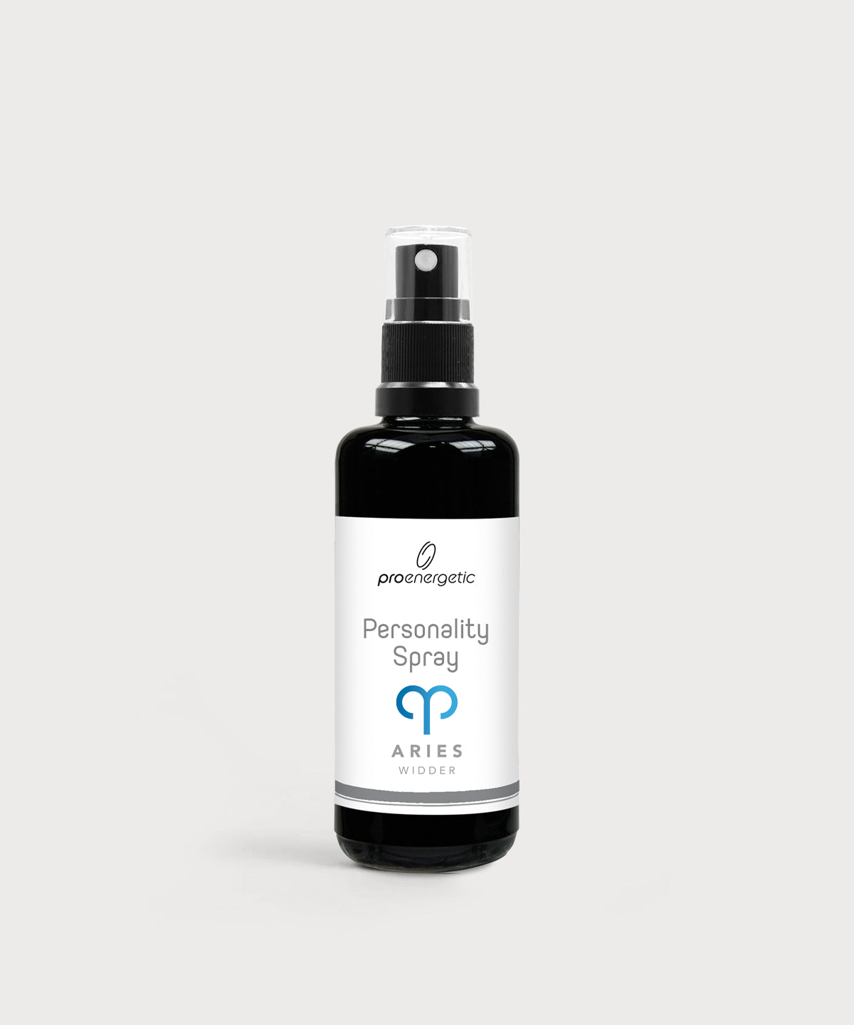 Schwarze Glasflasche Personality Spray Widder von ProEnergetic mit Pumpsprühkopf und weißem Etikett.