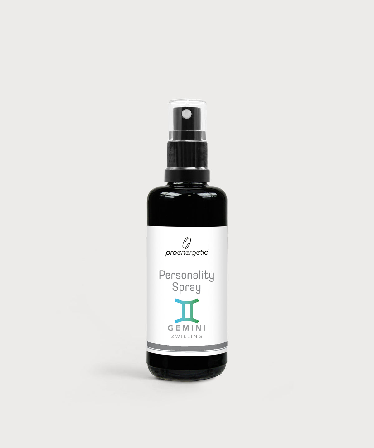 Schwarze Glasflasche Personality Spray Zwilling von ProEnergetic mit Pumpsprühkopf und weißem Etikett.