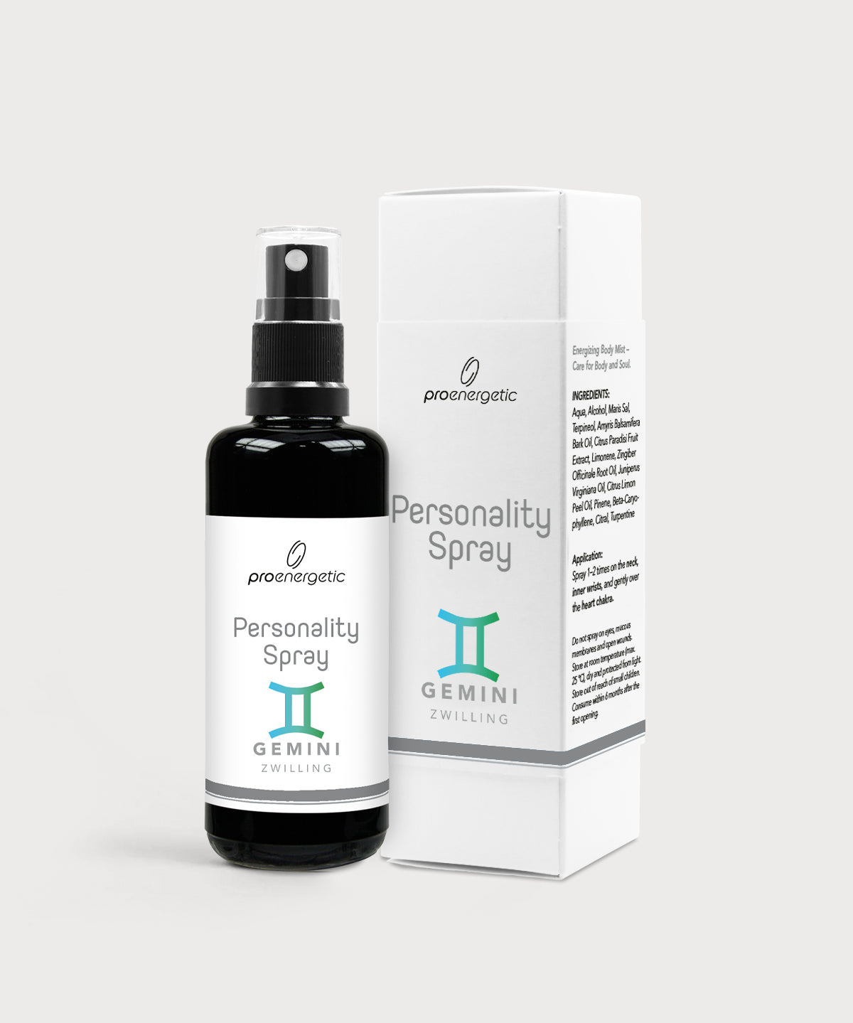 Schwarze Glasflasche Personality Spray Zwilling von ProEnergetic neben weißer Produktverpackung mit Sternzeichen Symbol.