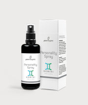 Schwarze Glasflasche Personality Spray Zwilling von ProEnergetic neben weißer Produktverpackung mit Sternzeichen Symbol.