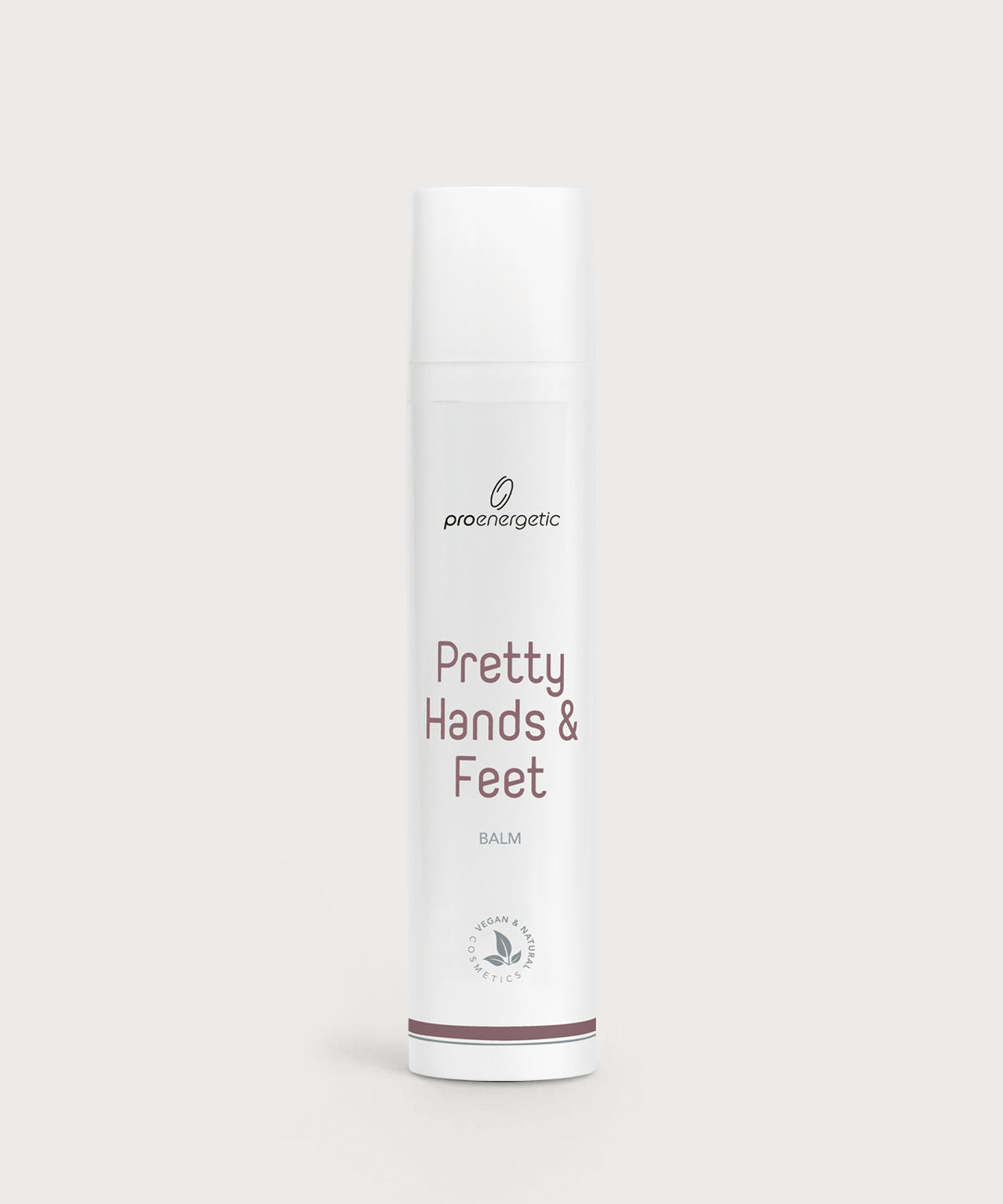 Weiße Pretty Hands & Feet Balm Flasche von ProEnergetic mit roséfarbener Akzentlinie und minimalistischer Gestaltung vor hellem Hintergrund.