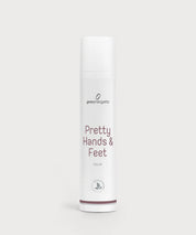 Weiße Pretty Hands & Feet Balm Flasche von ProEnergetic mit roséfarbener Akzentlinie und minimalistischer Gestaltung vor hellem Hintergrund.