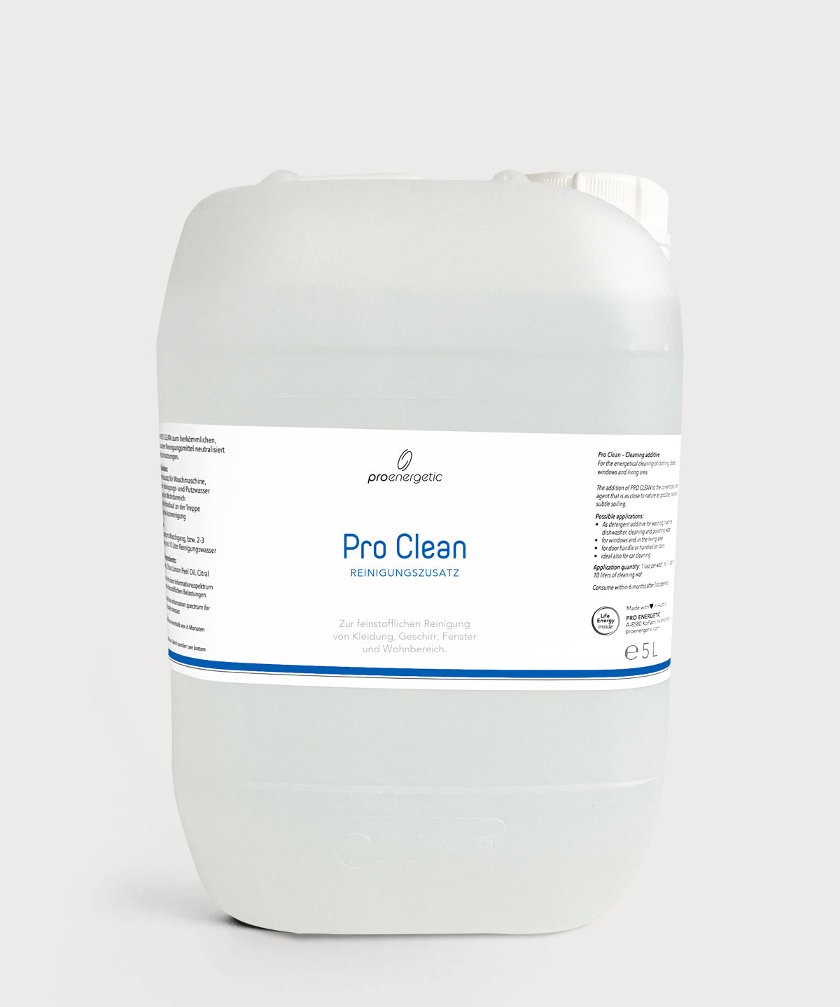 Pro Clean Reinigungszusatz in großem transparenten 5-Liter-Kunststoffkanister mit weißem Etikett und blauem Schriftzug auf hellem Hintergrund