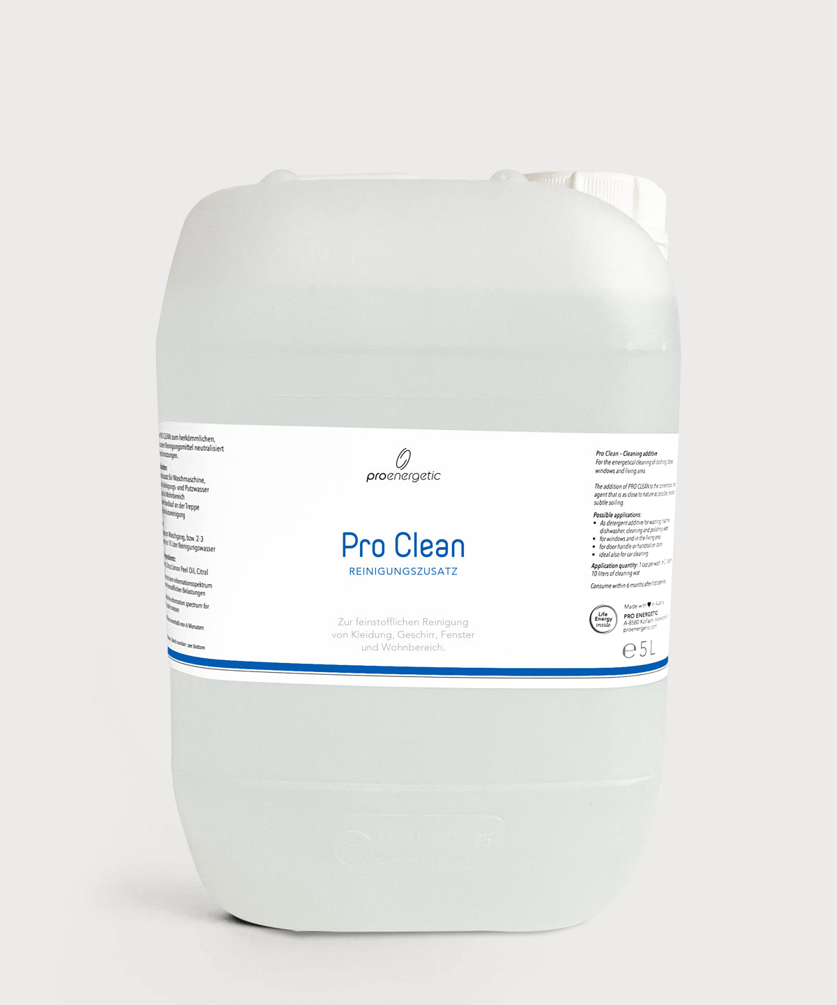 Pro Clean Reinigungszusatz in großem transparenten 5-Liter-Kunststoffkanister mit weißem Etikett und blauem Schriftzug auf hellem Hintergrund