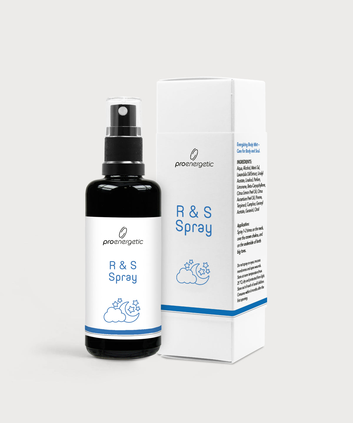 Schwarze Glasflasche R & S Spray von ProEnergetic neben weißer Produktverpackung mit blauem Wolkensymbol.
