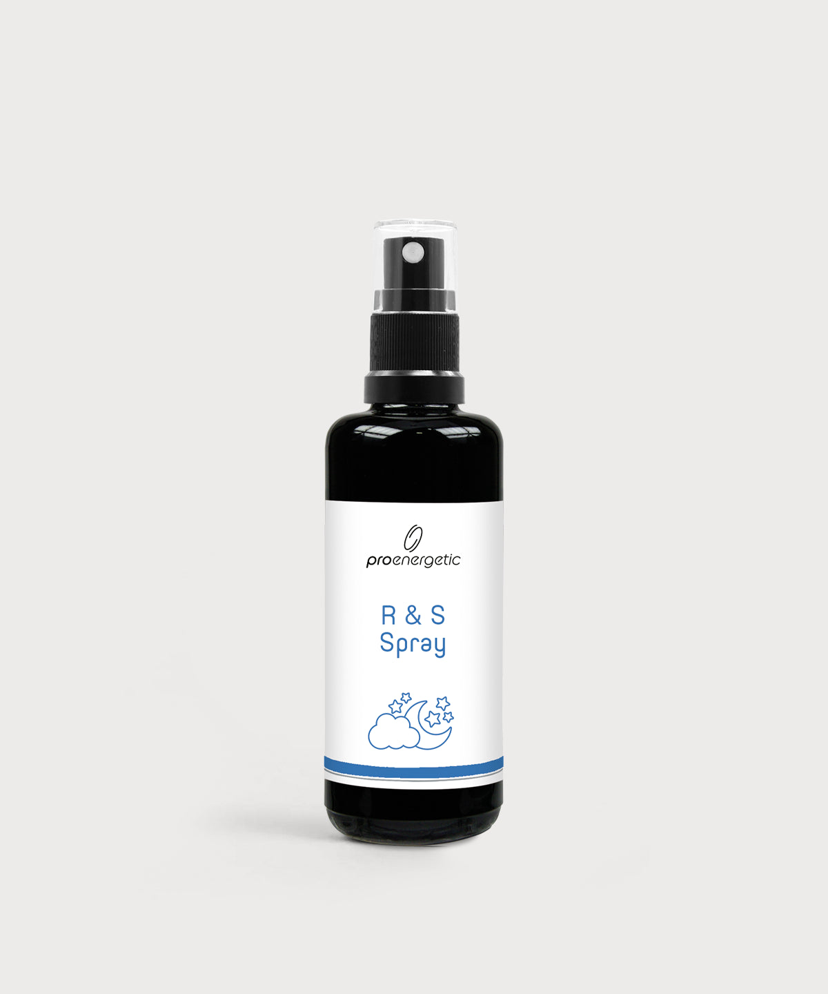 Schwarze Glasflasche R & S Spray von ProEnergetic mit Pumpsprühkopf und weißem Etikett mit blauem Wolkensymbol.
