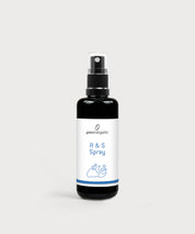 Schwarze Glasflasche R & S Spray von ProEnergetic mit Pumpsprühkopf und weißem Etikett mit blauem Wolkensymbol.