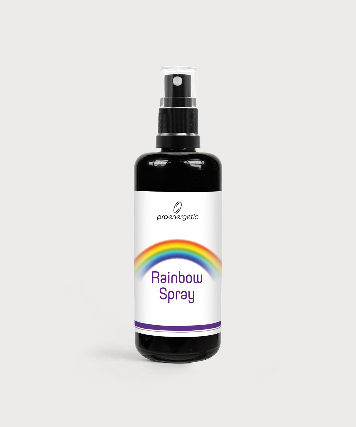 Rainbow Spray in schwarzer Sprühflasche mit weißem Etikett, Regenbogenmotiv und violettem Schriftzug auf hellem Hintergrund