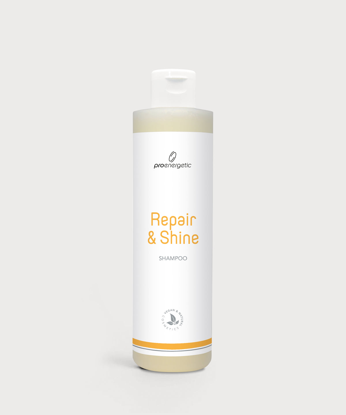 Weiße Repair & Shine Shampoo Flasche von ProEnergetic mit goldener Akzentlinie und klarer, minimalistischer Gestaltung vor hellem Hintergrund.