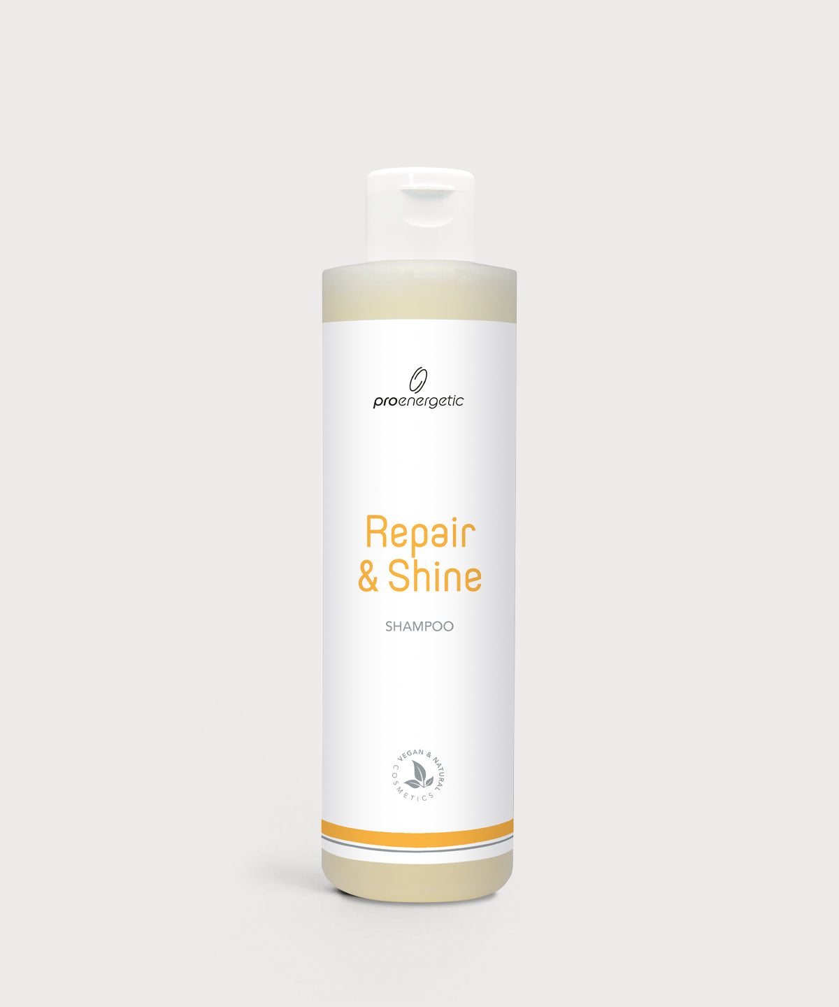 Weiße Repair & Shine Shampoo Flasche von ProEnergetic mit goldener Akzentlinie und klarer, minimalistischer Gestaltung vor hellem Hintergrund.
