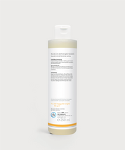 Rückseite der Repair & Shine Shampoo Flasche von ProEnergetic mit Produktbeschreibung, Inhaltsstoffen, Siegeln und Füllmenge 250 ml.