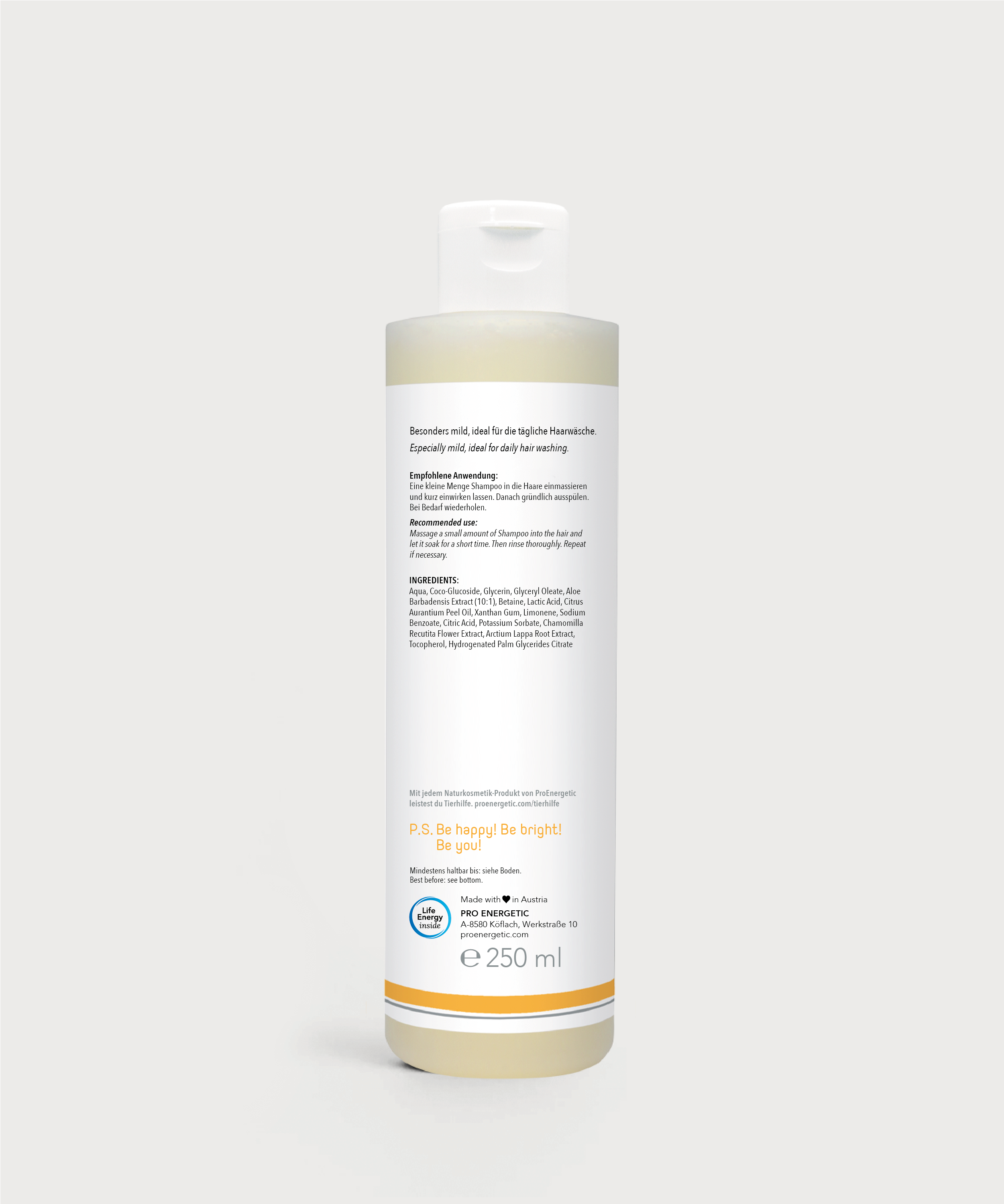 Rückseite der Repair & Shine Shampoo Flasche von ProEnergetic mit Produktbeschreibung, Inhaltsstoffen, Siegeln und Füllmenge 250 ml.