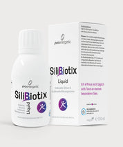 SiliBiotix Liquid von proenergetic – Weiße Flasche mit Schraubverschluss neben Produktverpackung. Aufdruck „SiliBiotix Liquid“, Hinweis auf kolloidales Silicium und funktionelle Mikroorganismen, vegan, 150 ml. Verpackung mit Textakzent „Ich erfreue mich täglich aufs Neue an meinem besonderen Sein.“ auf hellem Hintergrund.