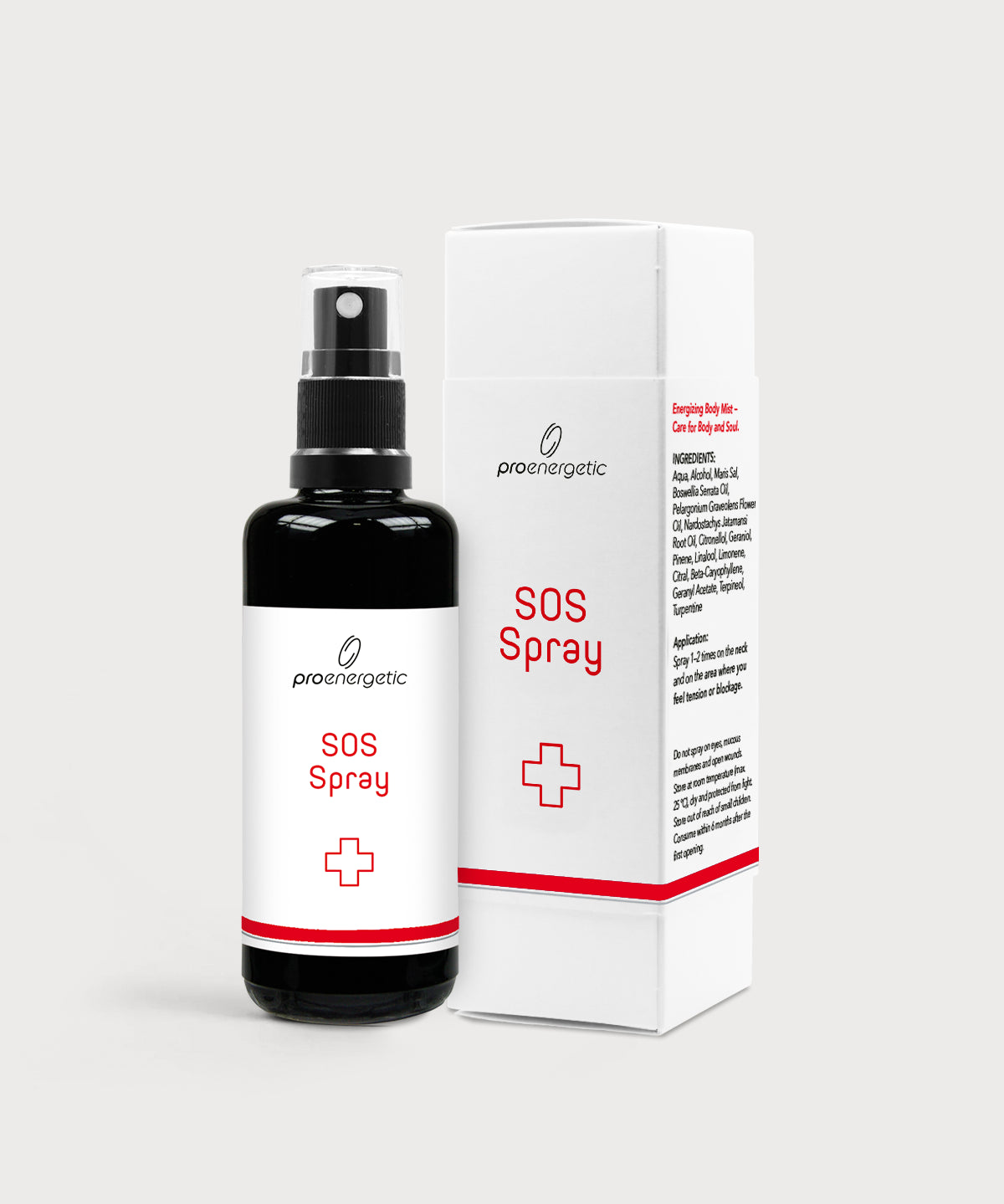 Schwarze Glasflasche SOS Spray von ProEnergetic neben weißer Produktverpackung mit roter Beschriftung und Kreuzsymbol.