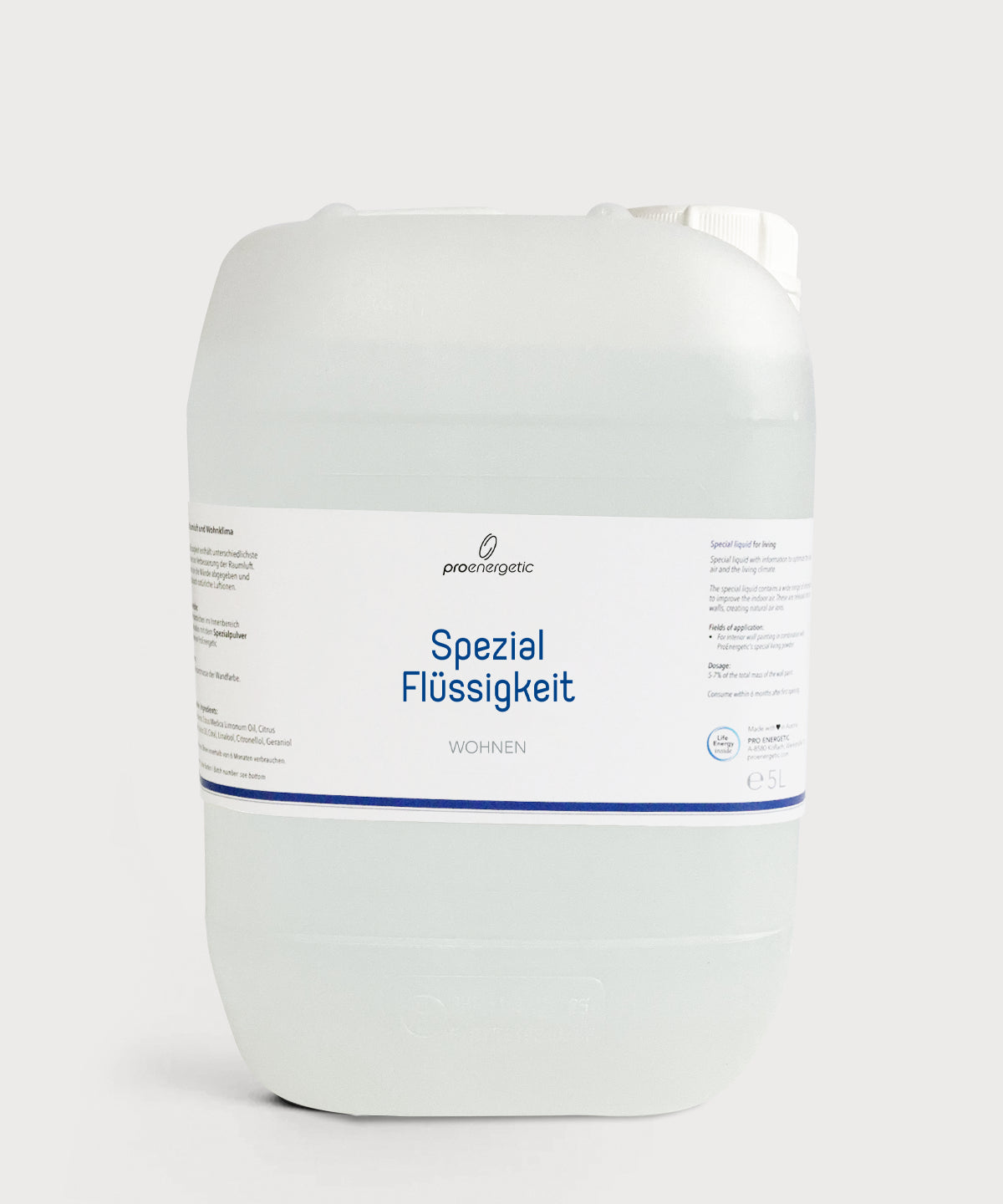 Großer transparenter Kanister mit ProEnergetic Logo und Aufschrift Spezial Flüssigkeit Wohnen 5 Liter.