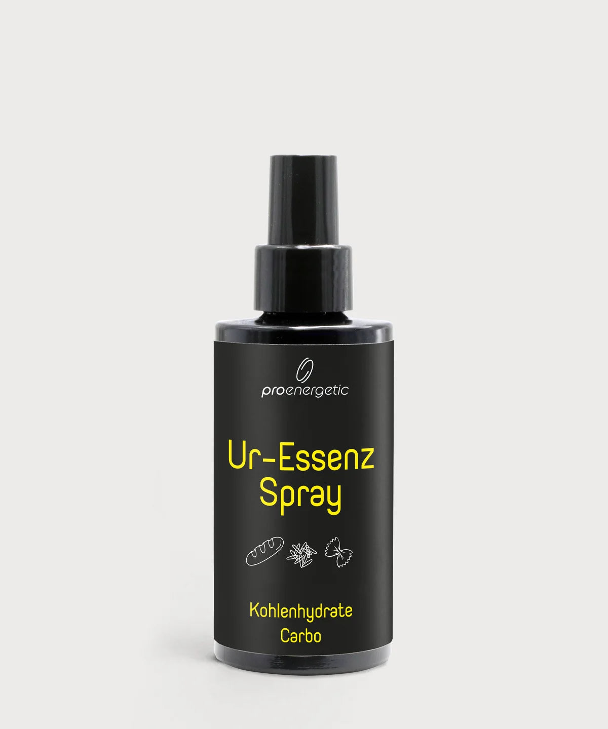 Dunkle Sprühflasche mit schwarzem Etikett und Aufschrift Ur-Essenz Spray Carbo.