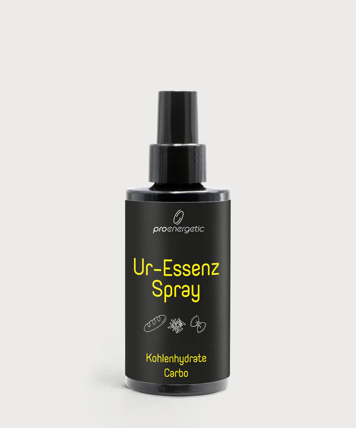 Dunkle Sprühflasche mit schwarzem Etikett und Aufschrift Ur-Essenz Spray Carbo.