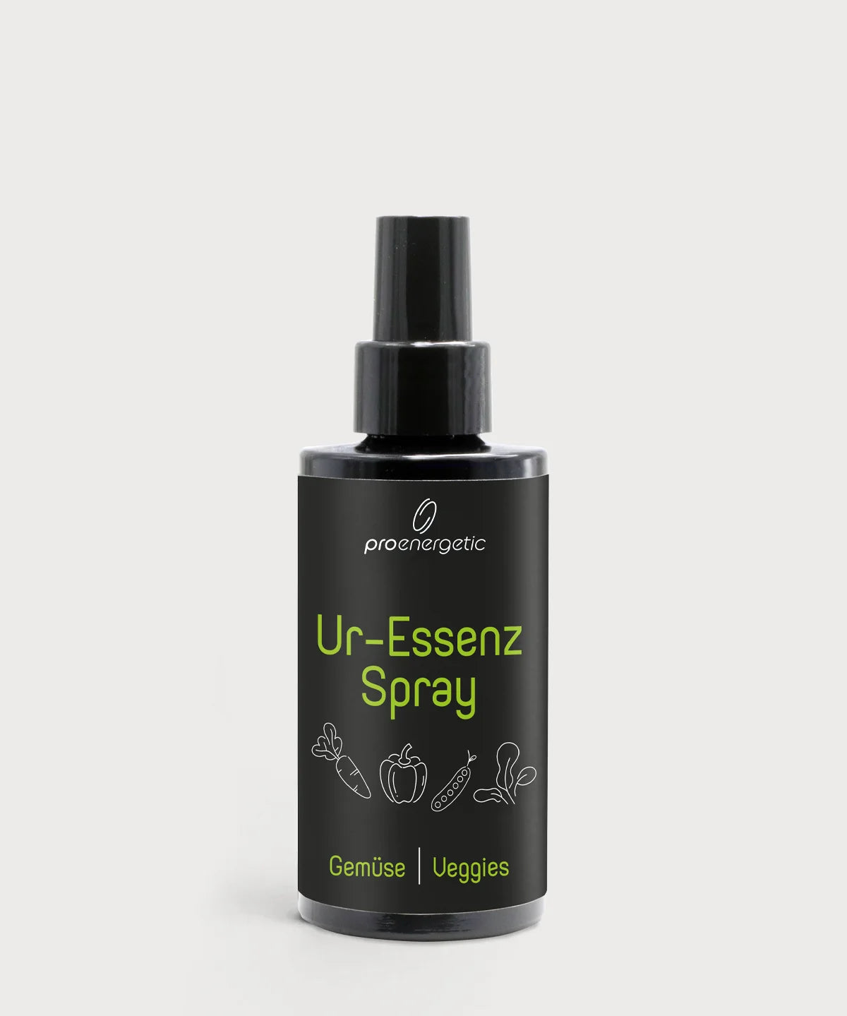 Dunkle Sprühflasche mit schwarzem Etikett und Aufschrift Ur-Essenz Spray Veggies.