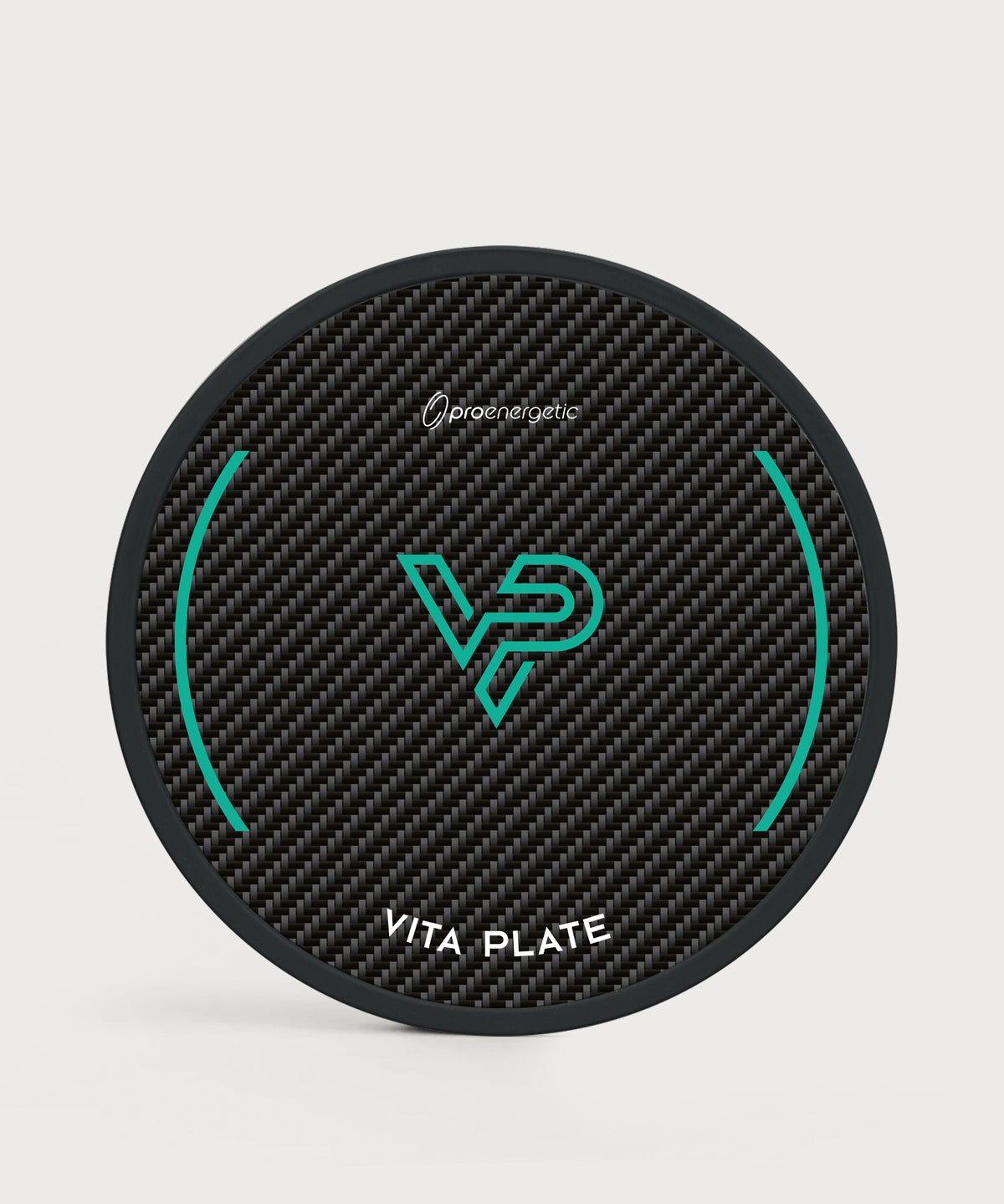 Vita Plate in runder Form mit schwarzer Carbonoptik, türkisfarbenem Symbol und weißem Schriftzug auf hellem Hintergrund