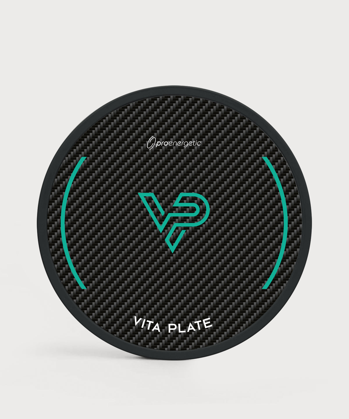 Vita Plate in runder Form mit schwarzer Carbonoptik, türkisfarbenem Symbol und weißem Schriftzug auf hellem Hintergrund