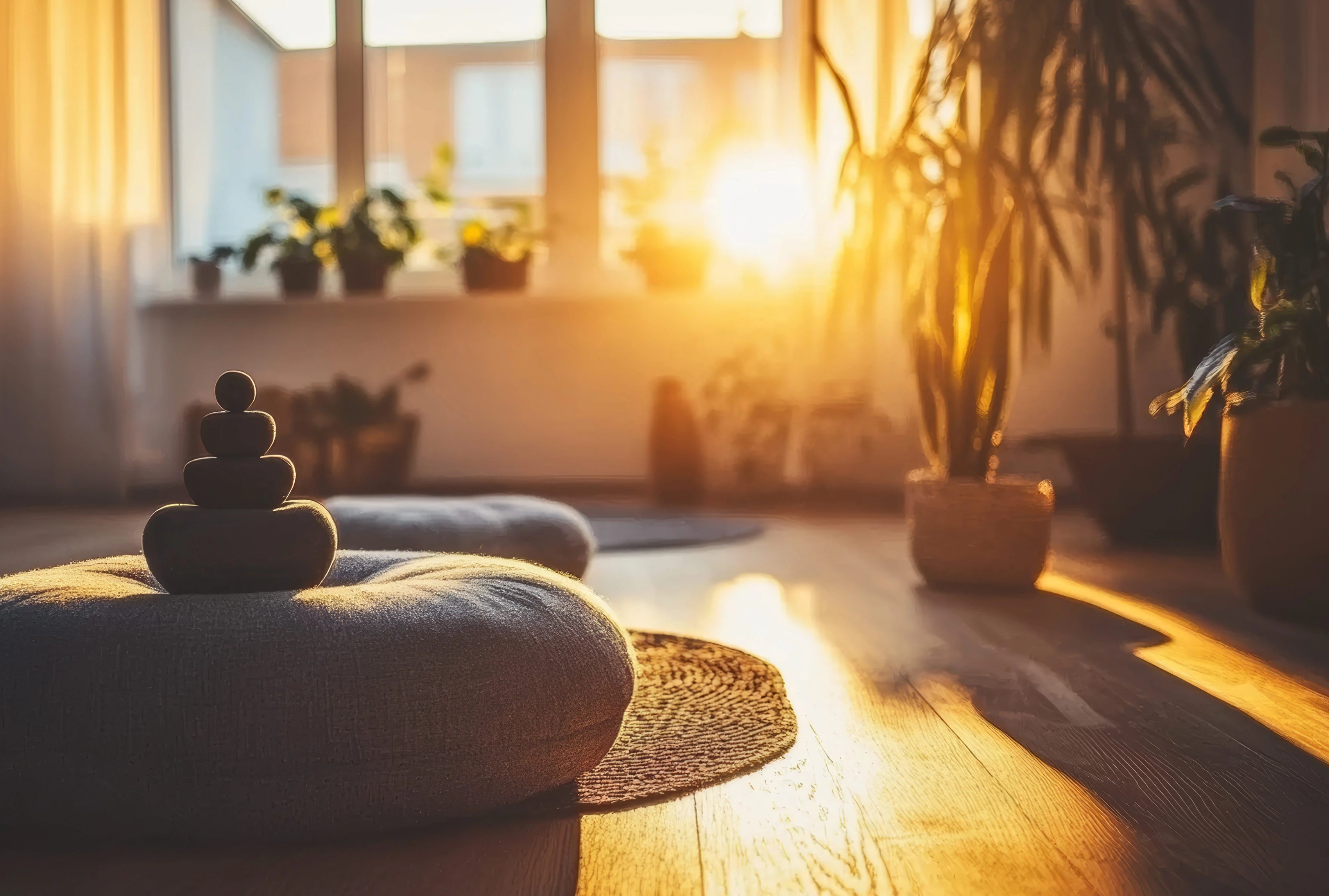 Wohnraum mit Bodenkissen und gestapelten Steinen im warmen Sonnenlicht vor Fensterfront.