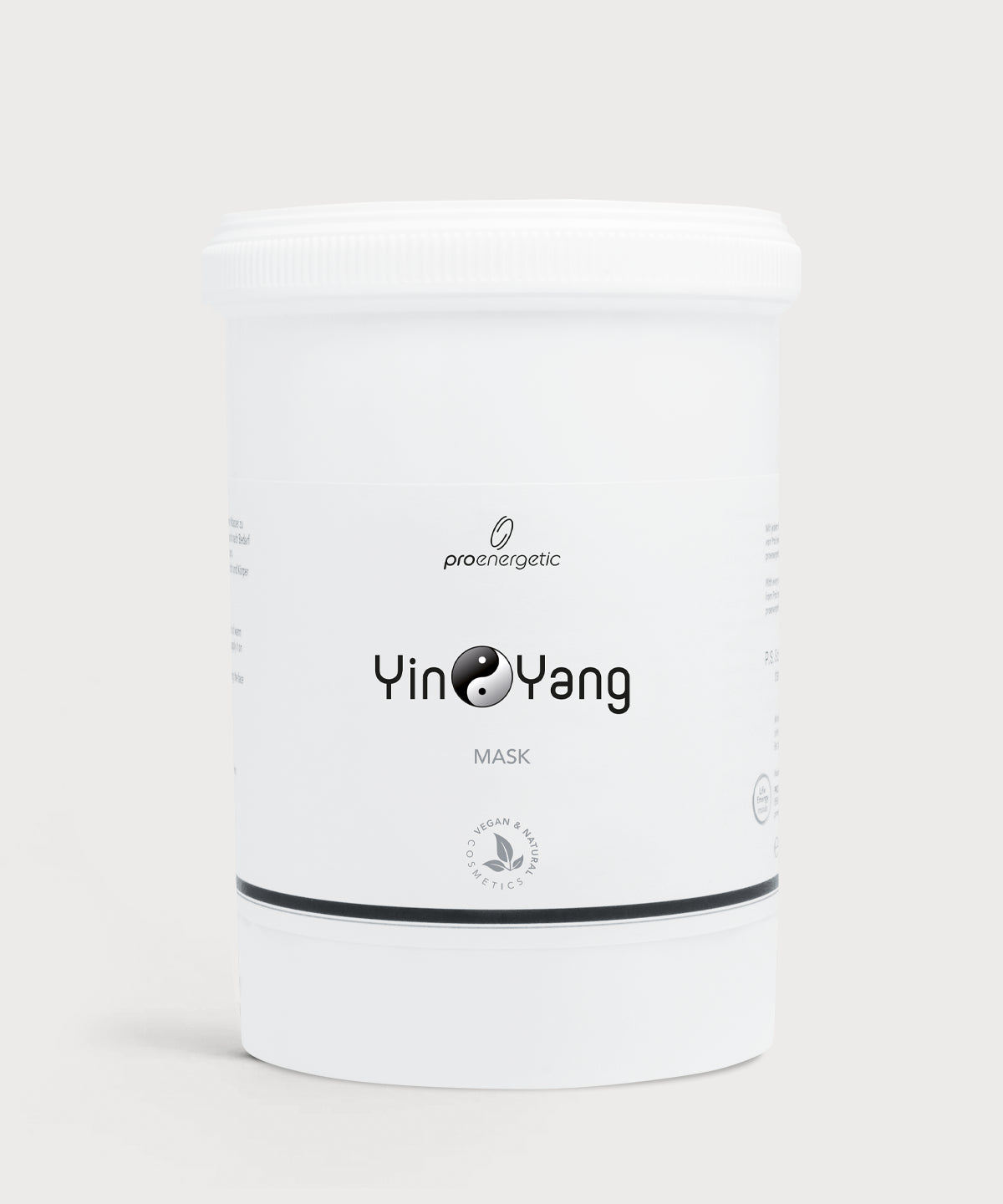 Weißer runder Behälter mit ProEnergetic Logo und Aufschrift Yin Yang Mask auf hellem Hintergrund.