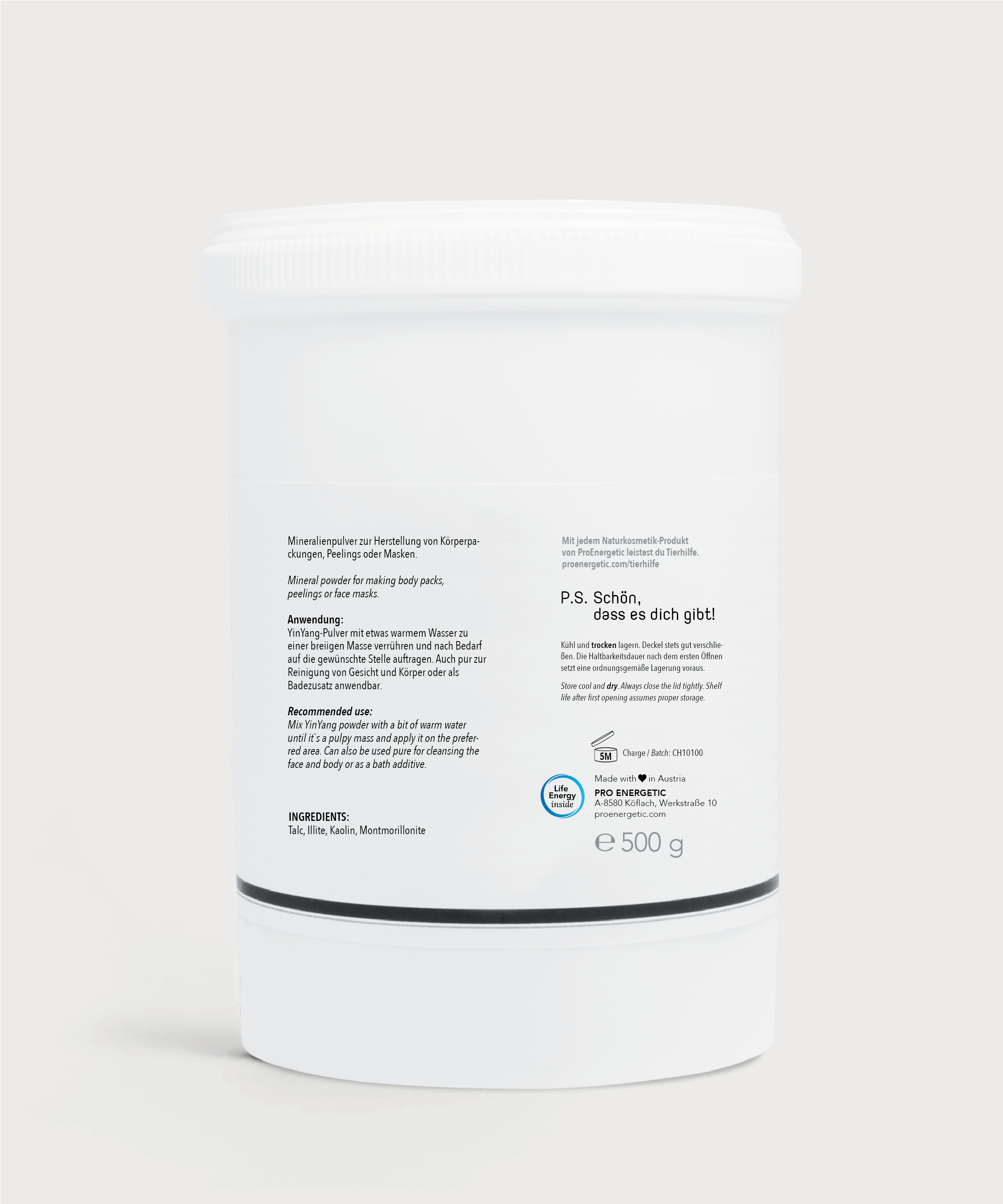 Rückseite des YinYang Mask Behälters mit Produktinformationen und 500 g Angabe.